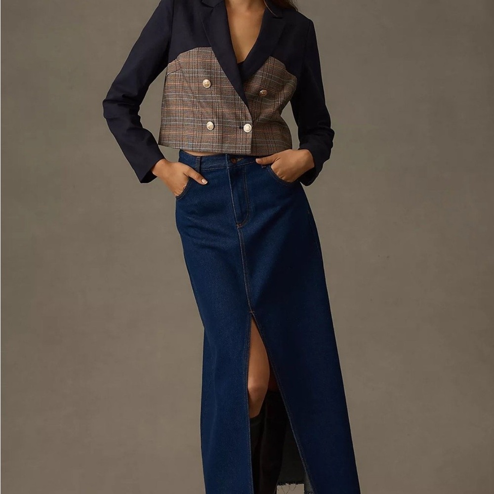 Jason Wu Navy Linen & Plaid Mixed Media Double Breasted Cropped Blazer M - Picture 3 of 8